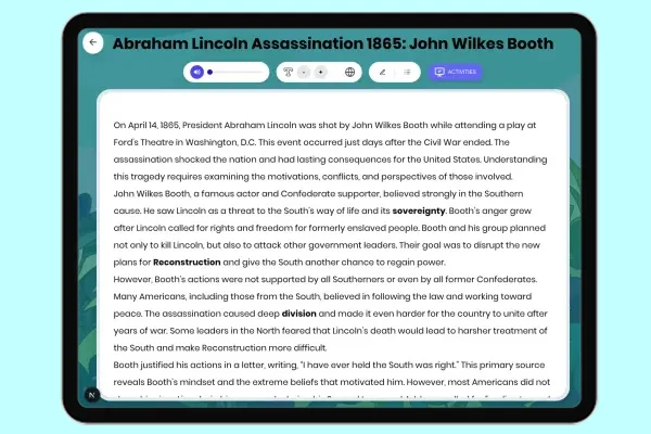 Abraham Lincoln Assassination 1865: John Wilkes Booth - reading educational content