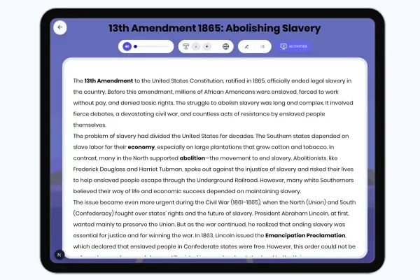 13th Amendment 1865: Abolishing Slavery - reading educational content