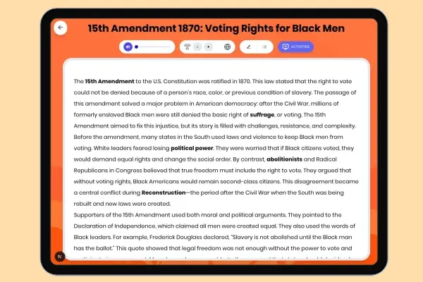 15th Amendment 1870: Voting Rights for Black Men - reading educational content
