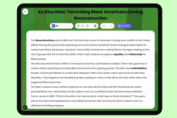 Ku Klux Klan: Terrorizing Black Americans Reconstruction - reading educational content