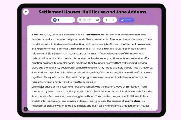 Settlement Houses: Hull House Jane Addams - reading educational content