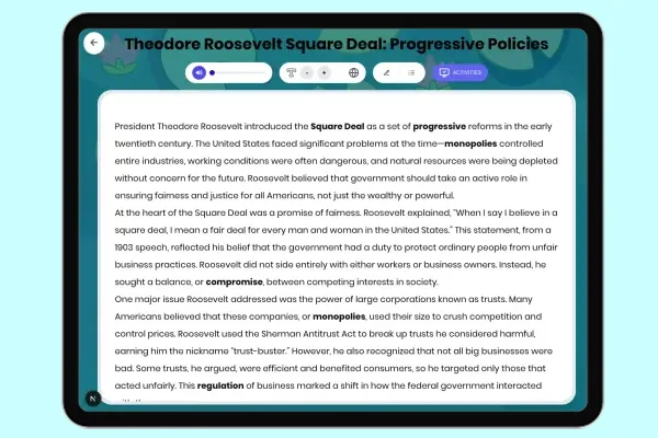 Theodore Roosevelt Square Deal: Progressive Policies - reading educational content