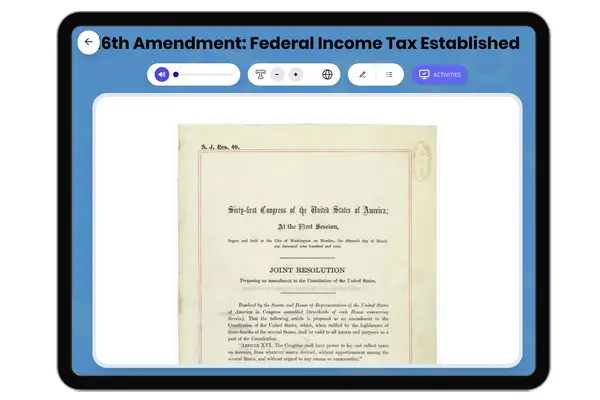 16th Amendment: Federal Income Tax - reading educational content