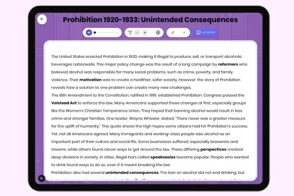 Prohibition 1920-1933: Unintended Consequences - reading educational content