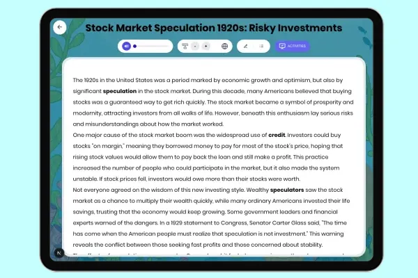 Stock Market Speculation 1920s: Risky Investments - reading educational content
