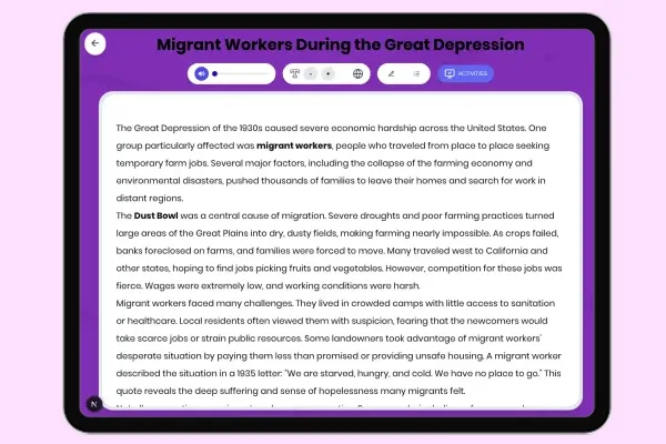 Migrant Workers During Great Depression - reading educational content