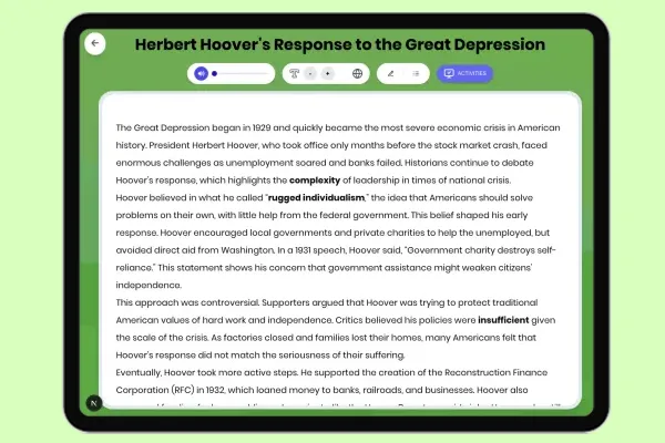 Herbert Hoover Response to Great Depression - reading educational content