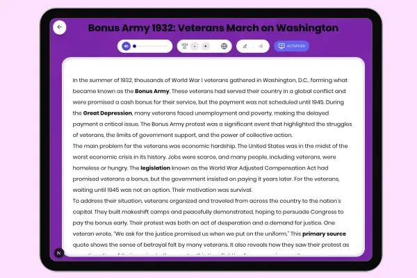 Bonus Army 1932: Veterans March on Washington - reading educational content