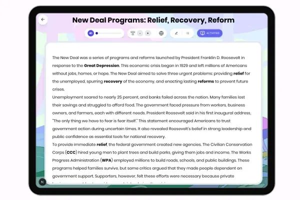 New Deal Programs: Relief Recovery Reform - reading educational content