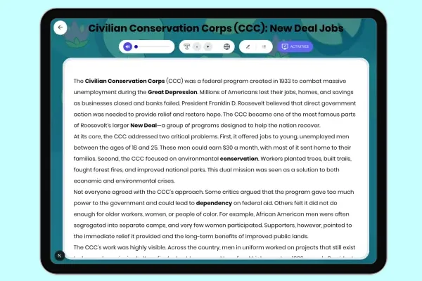 Civilian Conservation Corps CCC: New Deal Jobs - reading educational content