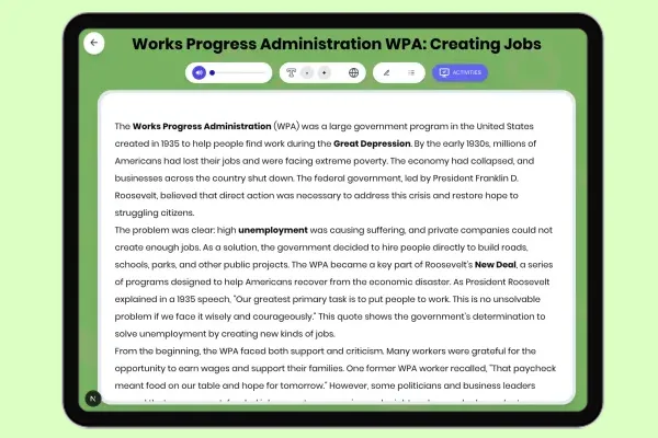 Works Progress Administration WPA: Creating Jobs - reading educational content