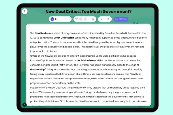 New Deal Critics: Too Much Government? - reading educational content