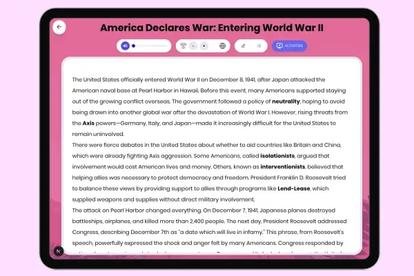 America Declares War: Entering World War II - reading educational content