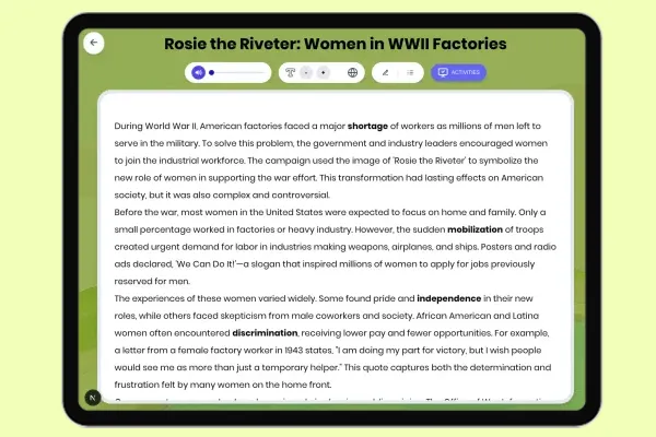 Rosie the Riveter: Women in WWII Factories - reading educational content