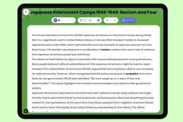 Japanese Internment Camps 1942-1945: Racism Fear - reading educational content