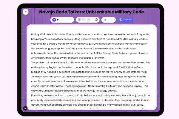 Navajo Code Talkers: Unbreakable Military Code - reading educational content