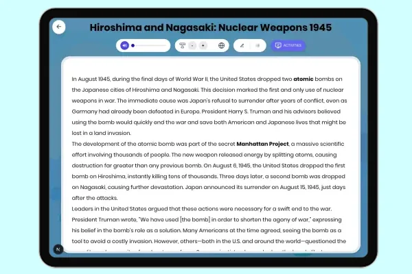 Hiroshima and Nagasaki: Nuclear Weapons 1945 - reading educational content