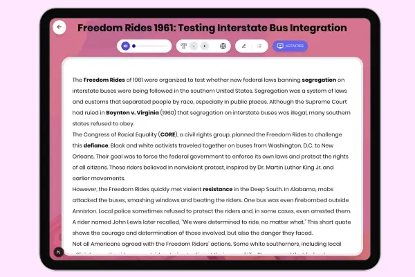 Freedom Rides 1961: Testing Interstate Bus Integration - reading educational content