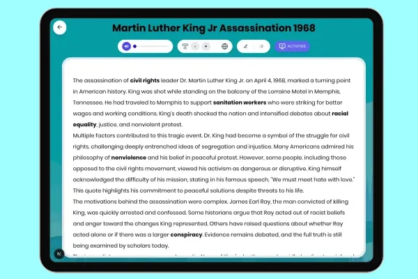 Martin Luther King Jr Assassination 1968 - reading educational content