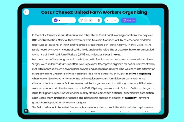 Cesar Chavez: United Farm Workers Organizing - reading educational content