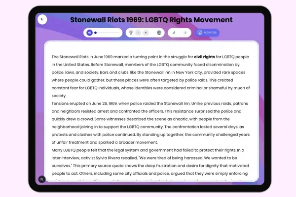 Stonewall Riots 1969: LGBTQ Rights Movement - reading educational content
