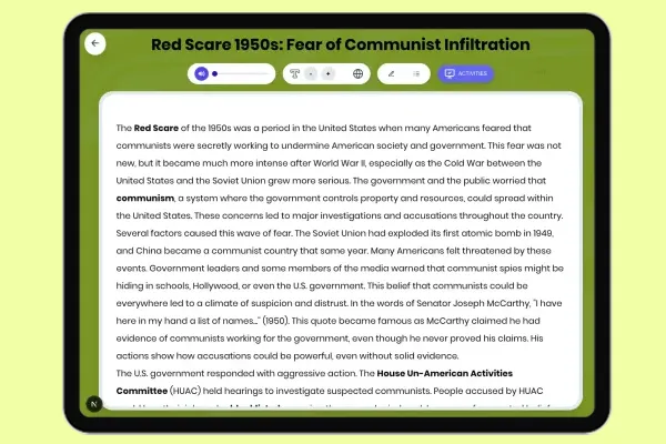 Red Scare 1950s: Fear of Communist Infiltration - reading educational content