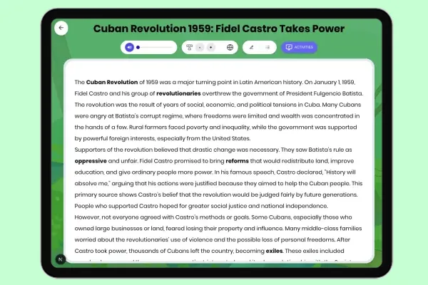Cuban Revolution 1959: Fidel Castro Takes Power - reading educational content