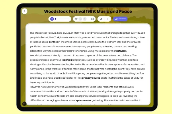 Woodstock Festival 1969: Music and Peace - reading educational content