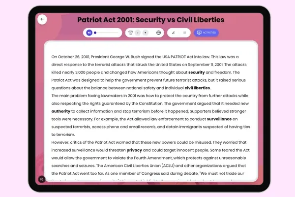 Patriot Act 2001: Security vs Civil Liberties - reading educational content