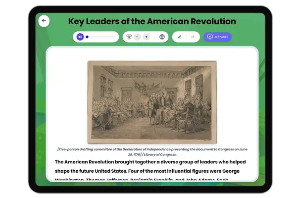 Key Leaders of the American Revolution - reading educational content