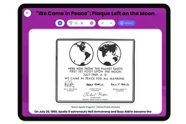 "We Came in Peace": Plaque Left on the Moon - reading educational content