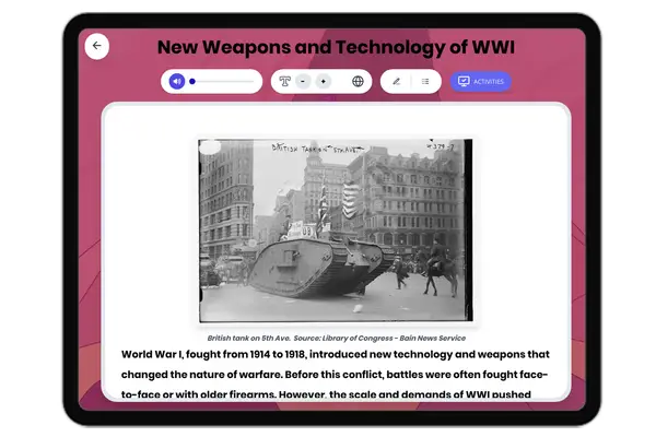 New Weapons and Technology of WWI - reading educational content